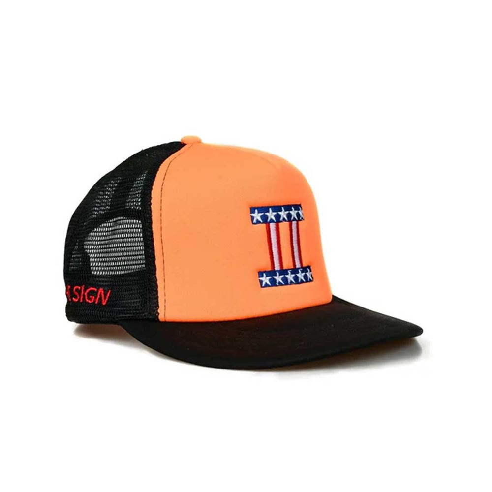 Bear The Sign Flat Bill Trucker Hat Front Hunters Orange and Black