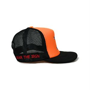 Bear The Sign Flat Bill Trucker Hat Hunters Orange and Black Side View